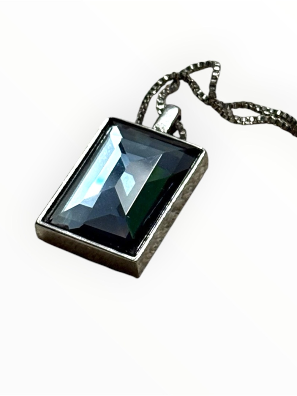 Silver-Tone Rectangular Blue Crystal Pendant Necklace